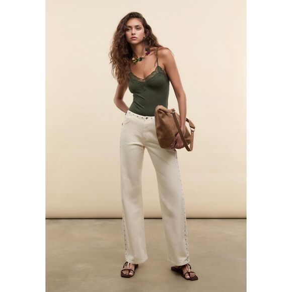 Stradivarius Cotton Bodysuit with Lace Detail in Green NWT - Picture 2 of 13